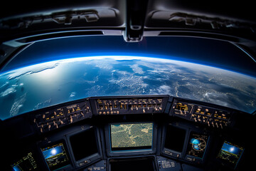 Earth view from space ship, View from inside space station looking at the earth and the moon