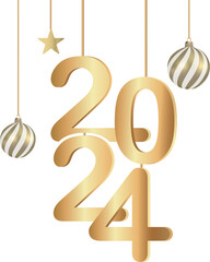 2024 happy new year decoration with hanging ornament balls, PNG file no background