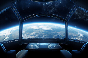 Earth view from space ship, View from inside space station looking at the earth and the moon - Powered by Adobe