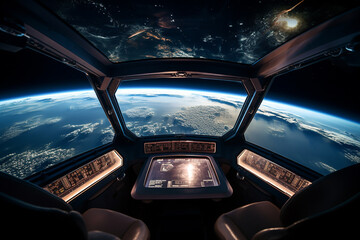 Earth view from space ship, View from inside space station looking at the earth and the moon