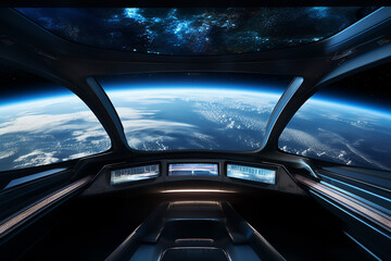 Naklejka premium Earth view from space ship, View from inside space station looking at the earth and the moon