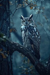 Ancient Owl perched on a Gnarled Tree Branch in a Misty Moonlit Forest Background - Its Eyes Glow with Wisdom under the Full Moon's Luminescence - Owl Wallpaper created with Generative AI Technology