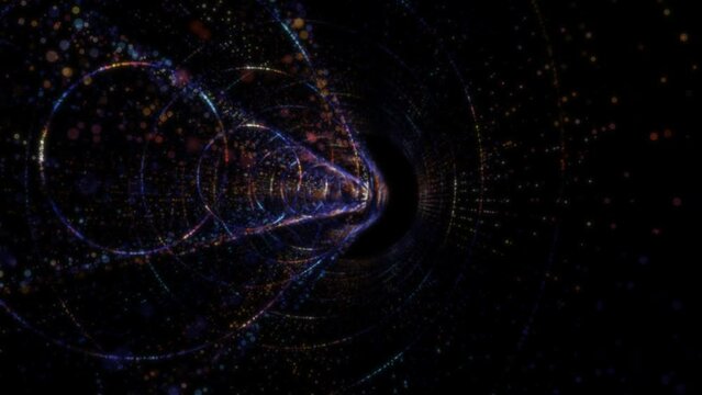 Abstract digital tunnel into virtual space consisting of a bright stream of particles
