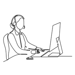 Single continuous line drawing of young confused call center worker answering phone call from talkative customer in front laptop. Help desk center care concept one line draw design vector illustration