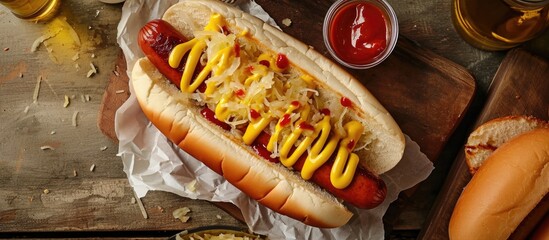Top-down horizontal view of a hot dog with sauerkraut and mustard on a table. - obrazy, fototapety, plakaty