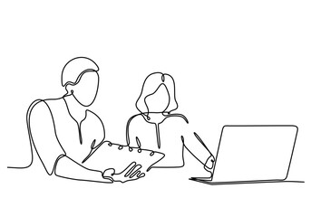 Young man and young woman in front of computer. the guy shows the girl on the screen. One line drawing isolated vector object by hand on a white background.