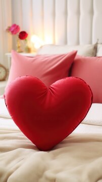 Authentic Love Heart Pillow on Bed in Realistic Photo Style