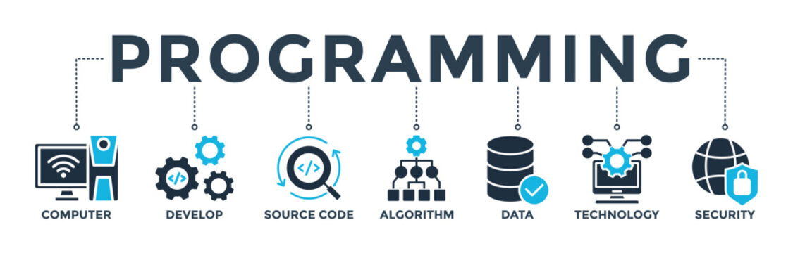 Programming banner concept with icon of computer, develop, source code, algorithm, data, technology and security. Web icon vector illustration 