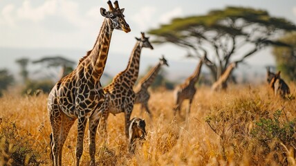 giraffes, lions, elephants, monkeys, and other African creatures in a large group.