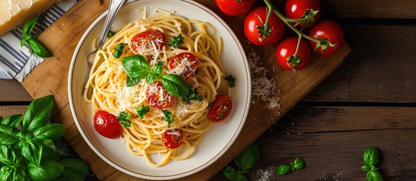 Top view image of classic Italian pasta with tomato, basil, and parmesan.
