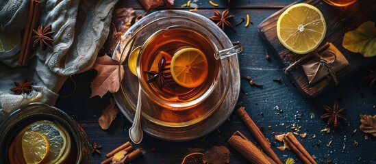 Toned top view image of warm autumn herbal tea with honey, cinnamon, and lemon.