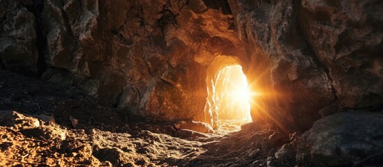 Jesus' tomb emitting light from an opening.