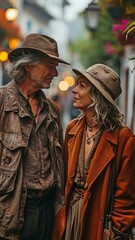 Fototapeta premium Charming elderly couple on vacation together in a city street. Elderly adults in love enjoying a good weekend or vacation while seeing a European city.