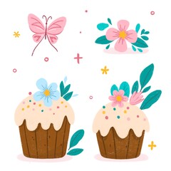 Collection of cute Easter spring decorative elements - Easter cakes, cupcakes, Easter eggs, blooming flowers, leaves isolated on white background. Colorful holiday flat vector illustration.