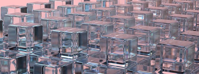 Pink background and crystal cube structure shapes refraction and reflection Elegant and Modern 3D Rendering abstract background