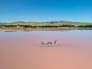 Aerial views of Lake Bumbunga (Lochiel's Pink Lake) in the Clare Valley of South Australia