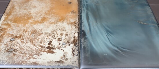 Compare the difference before and after cleaning the dirty cover, which had hard calcium water stains. It went from old and dirty to clean and shiny, like new. - obrazy, fototapety, plakaty