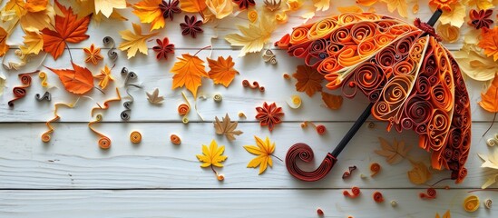 Autumn quilling technique with umbrella and spiral on white wooden background.