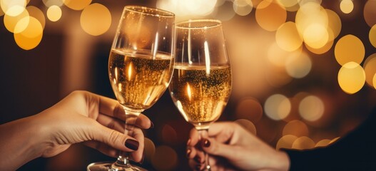 Happy friends having fun and toasting sparkling wine glasses close-up against golden bokeh lights background.