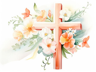 Watercolor painting of a christian cross with flowers surrounding, isolated on white