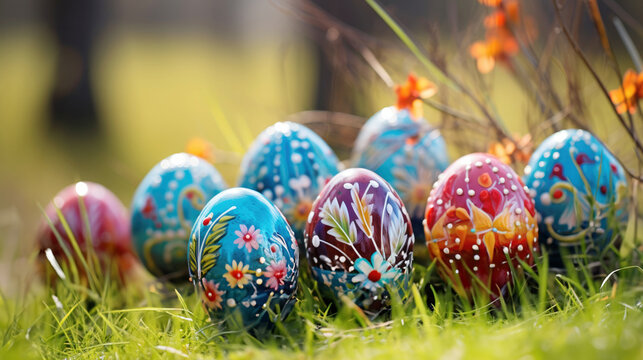 Fancy colorful ornate painted Easter eggs sitting in green grass outside