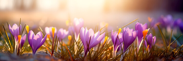 Crocuses. a group of spring purple flowers against the background of the sun, spring morning, sunrise, warm and joyful atmosphere. - obrazy, fototapety, plakaty