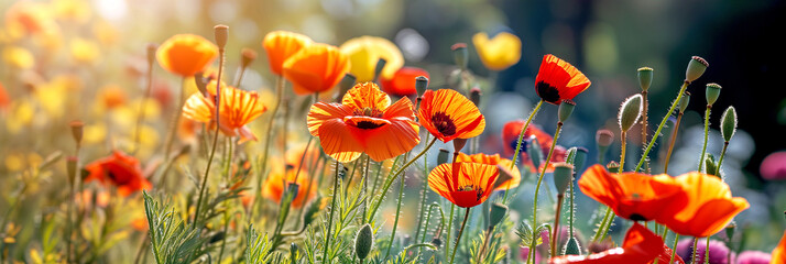 Obraz premium Poppies bloom in late spring. sunny day beautiful tender red poppies in the field. Beauty of nature.
