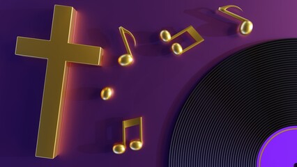 The gospel vinyl record, adorned with a golden cross and music notes, rendered in 3D.