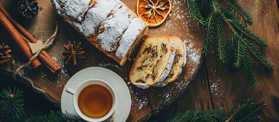Freshly baked German Stollen bread with icing sugar, rope, and dried orange slice on a wooden board, next to a cup of hot herbal tea and pine twigs, seen from above. - Powered by Adobe