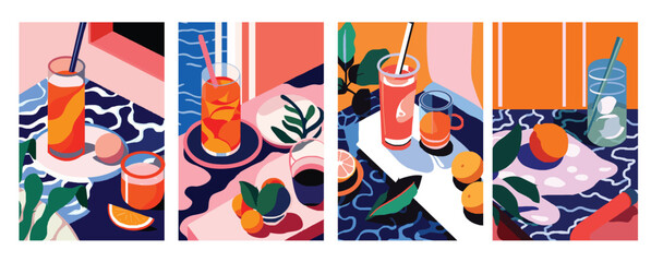 Set of horizontal banners with summer cocktails. Flat vector illustration in trendy flat style.