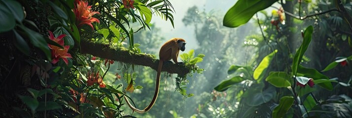 A Cheeky Monkey  standing in the rainforest canopy Background - Surrounded by Exotic Flowers and Lush Green Foliage - Beautiful Monkey Wallpaper created with Generative AI Technology - obrazy, fototapety, plakaty