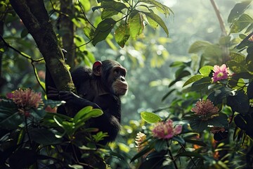 A Cheeky Monkey  standing in the rainforest canopy Background - Surrounded by Exotic Flowers and Lush Green Foliage - Beautiful Monkey Wallpaper created with Generative AI Technology
