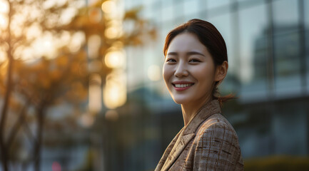 corporate businesswoman stands smiling outside her office building