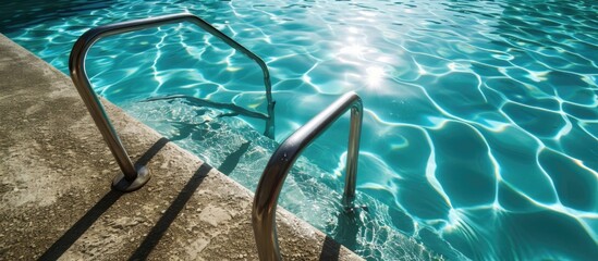Swimming pool ladder with stainless handrail.