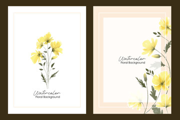 Set of yellow watercolor flower frame background frame. Summer floral bouquet watercolor vector design. Botanical watercolor vector collection of flower, leaves, and branches.