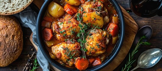 Top view of crispy slow-cooker chicken stew with vegetables. - obrazy, fototapety, plakaty