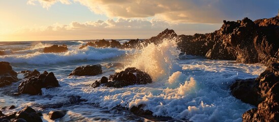 Obraz premium Madeira's landscapes - sea, surf, horizon, sunset, bright sky.