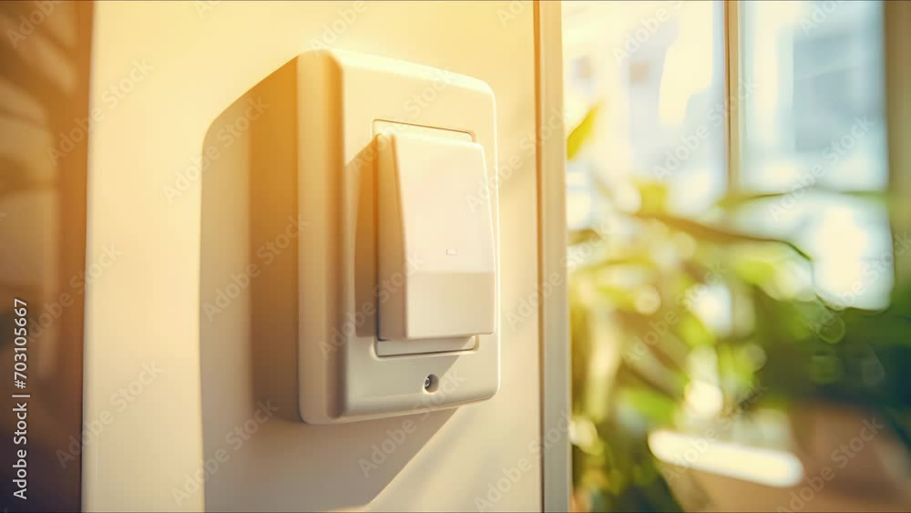 Poster closeup of motion sensor attached to light switch for automated control.
