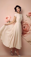 A young model in glamorous attire, exuding happiness against a serene cream-colored backdrop.