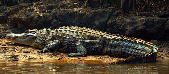 Rear view of a massive 6-meter long adult Nile crocodile.