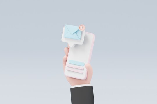3d email envelope icon with notification new message in hand holding smartphone. 3d Mail service concept icon. isolated blue pastel background. minimal cartoon design.3D Rendering. Banner, copy space.