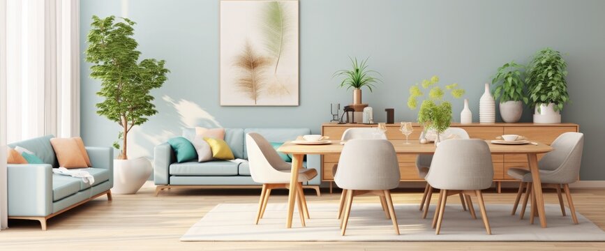 Stylish scandinavian living room with design mint sofa, furnitures, mock up poster map, plants and elegant personal accessories. Modern home decor. Open space with dining room. Template Ready to use.