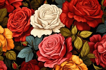 Vintage Dark Roses Floral Pattern Retro Flower Textile Aesthetic Garden Design Nature Painting Kitsch Plant Art