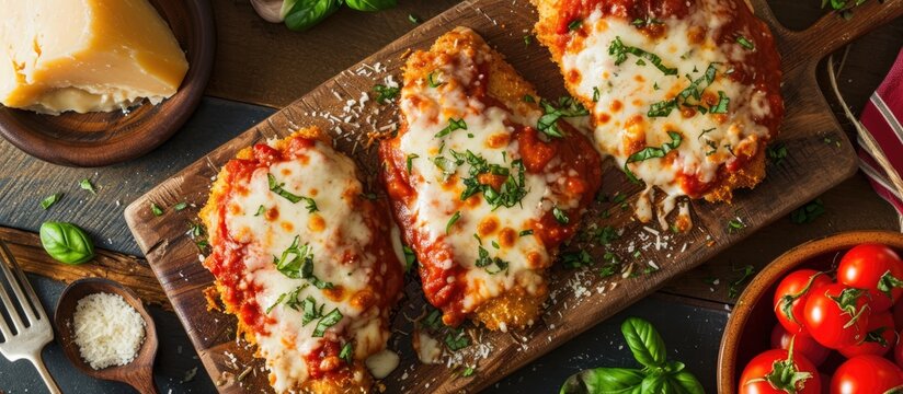 Italian-style chicken parmesan made from scratch with cheese and sauce.