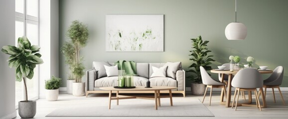 Stylish scandinavian living room with design mint sofa, furnitures, mock up poster map, plants and elegant personal accessories. Modern home decor. Open space with dining room. Template Ready to use.
