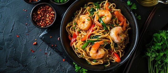 Top view of Mie Goreng, an Indonesian stir-fried dish with prawn noodles and vegetables, served in a black bowl on a dark slate table. Asian cuisine. - Powered by Adobe