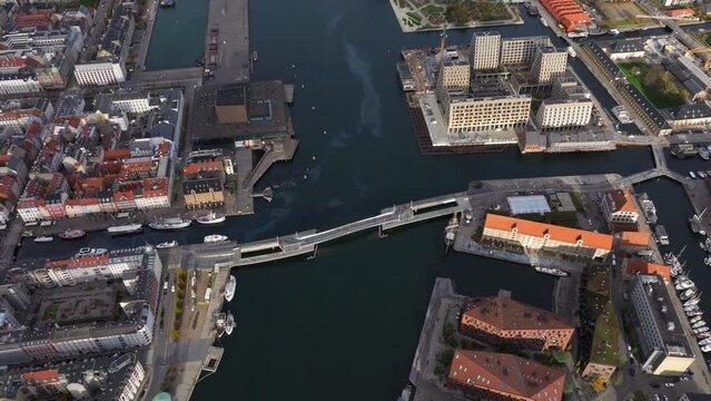 Aerial shot over Inderhavnsbroen bridge Copenhagen