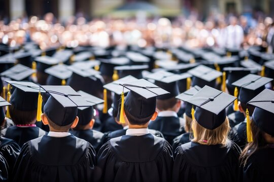 back view of a group of students in graduation gowns and caps, Group of little kids celebrating graduation day, elementary school kids on their graduation program