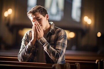 A young man praying inside the church