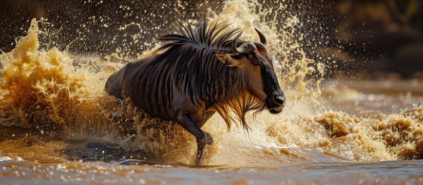 Blue wildebeest (connochaetes taurinus) narrowly escaped death when attacked by a crocodile while crossing the Mara River.